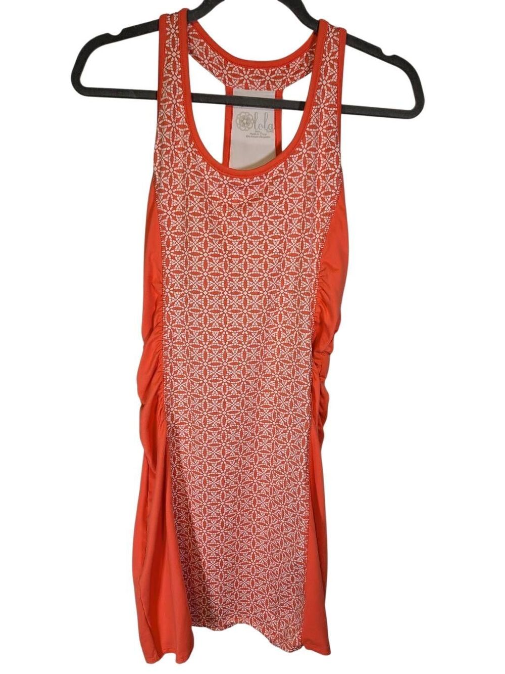 Lola Orange and White Geometric Sleeveless Athletic Dress with side ruching Wome